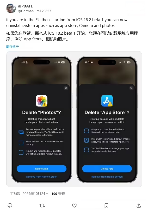 东阁镇苹果手机维修分享iOS 18.2 支持删除 App Store 应用商店 